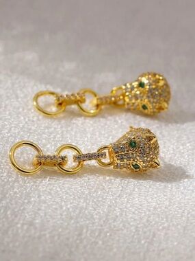 Anthropologie Gold Leopard Head Dangle Charms with Green Accents